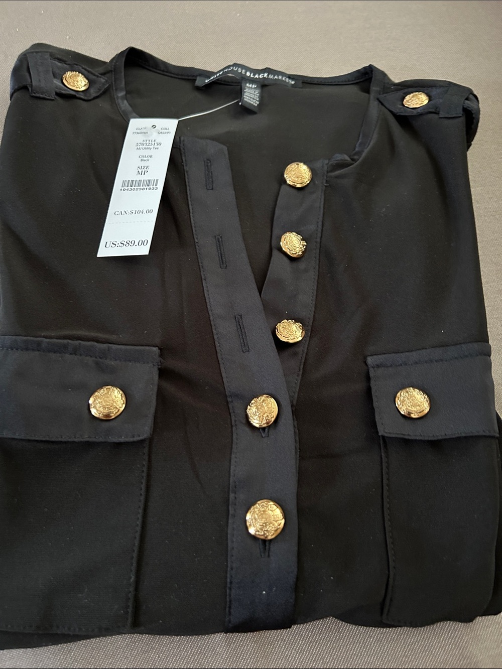 White House Black Market Black Blouse with Gold Buttons